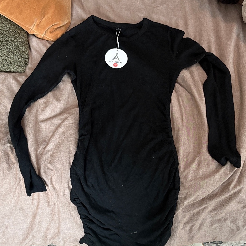 Cinched Bodycon Black Long Sleeve Dress